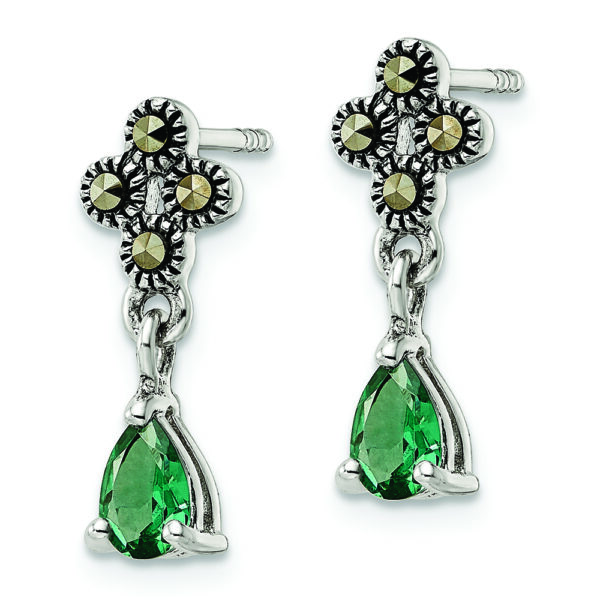 Sterling Silver Antiqued Marcasite & Cr. Green Quartz Post Dangle Earrings - Image 2