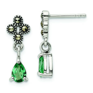 Sterling Silver Antiqued Marcasite & Cr. Green Quartz Post Dangle Earrings