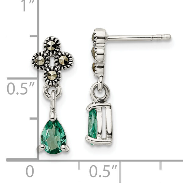 Sterling Silver Antiqued Marcasite & Cr. Green Quartz Post Dangle Earrings - Image 3