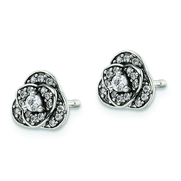 Sterling Silver Antiqued CZ Trilogy Post Earrings - Image 2