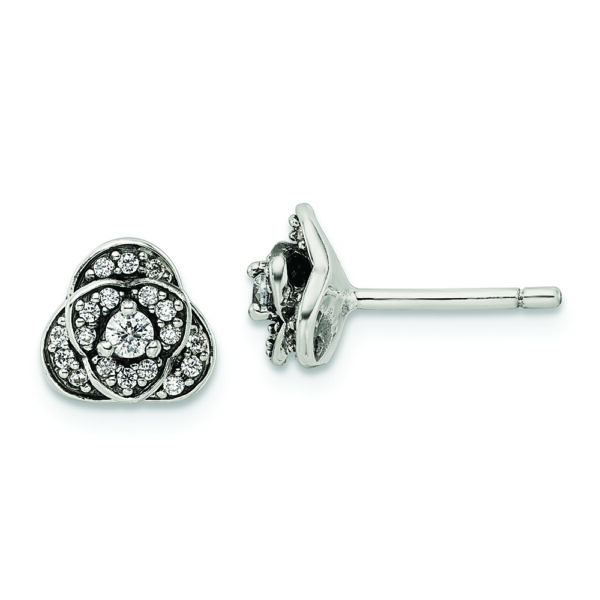 Sterling Silver Antiqued CZ Trilogy Post Earrings