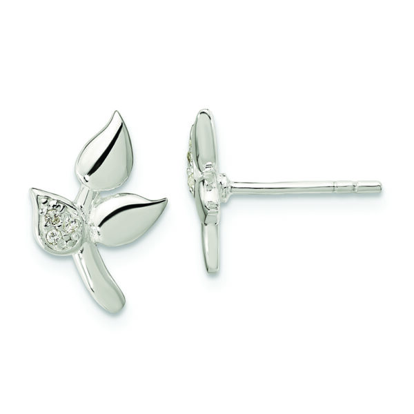 Sterling Silver Polished CZ Leaves Post Earrings
