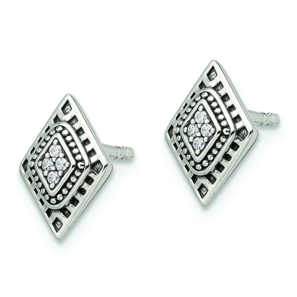 Sterling Silver Polished & Antiqued CZ Diamond-shape Post Earrings - Image 2