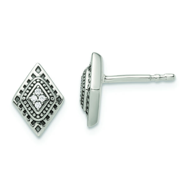 Sterling Silver Polished & Antiqued CZ Diamond-shape Post Earrings