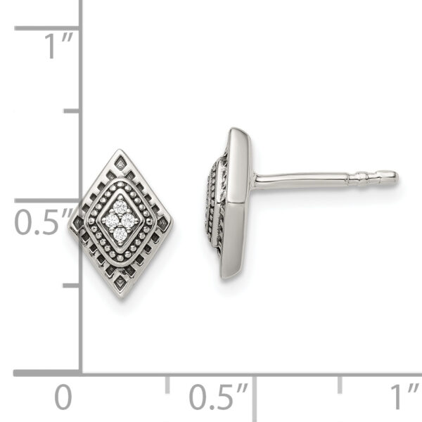 Sterling Silver Polished & Antiqued CZ Diamond-shape Post Earrings - Image 3