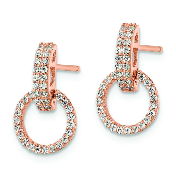 Sterling Silver Rose-tone Polished CZ Circle Post Dangle Earrings - Image 2
