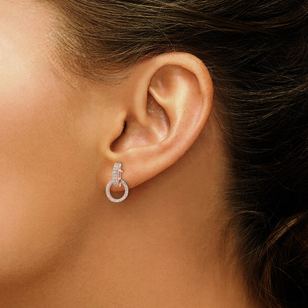 Sterling Silver Rose-tone Polished CZ Circle Post Dangle Earrings - Image 3