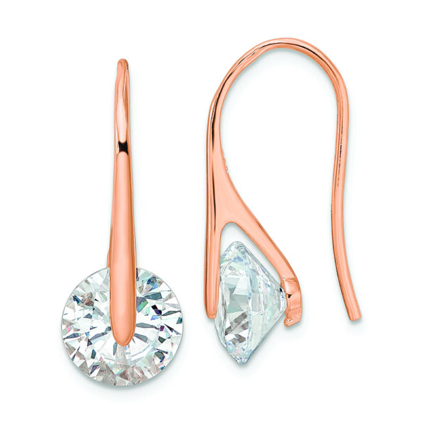 Sterling Silver Rose-tone Polished Round CZ Dangle Earrings
