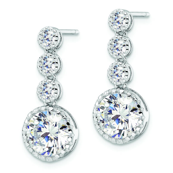 Sterling Silver Rhodium-plated Polished Round CZ Post Dangle Earrings - Image 2