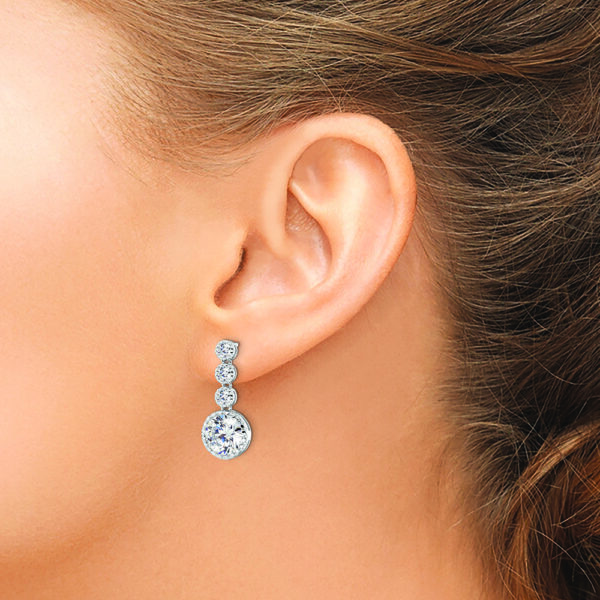 Sterling Silver Rhodium-plated Polished Round CZ Post Dangle Earrings - Image 3