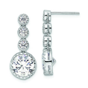 Sterling Silver Rhodium-plated Polished Round CZ Post Dangle Earrings