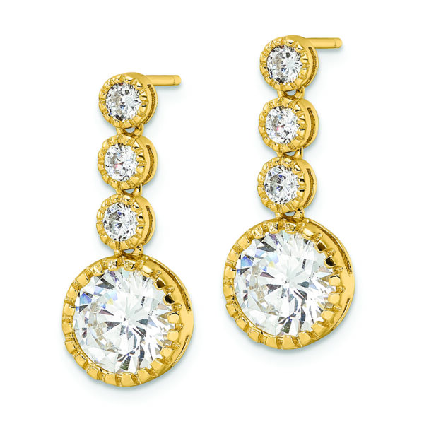Sterling Silver Gold-tone Polished Round CZ Post Dangle Earrings - Image 2
