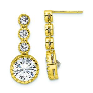 Sterling Silver Gold-tone Polished Round CZ Post Dangle Earrings