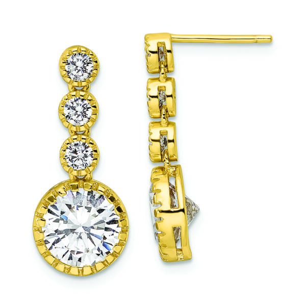 Sterling Silver Gold-tone Polished Round CZ Post Dangle Earrings