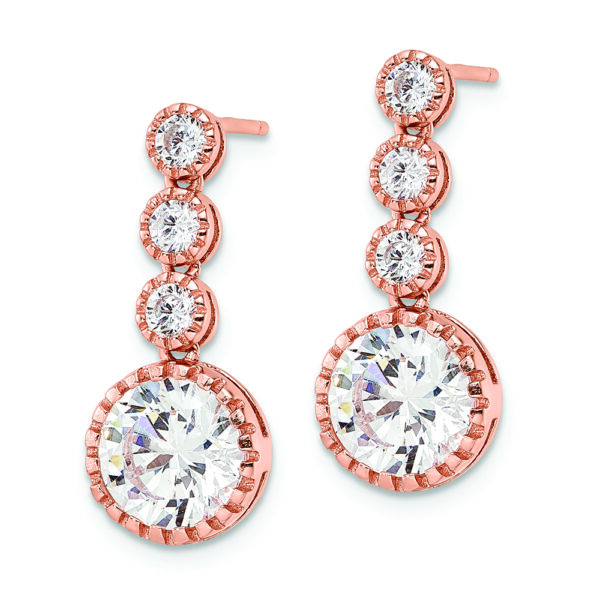 Sterling Silver Rose-tone Polished Round CZ Post Dangle Earrings - Image 2