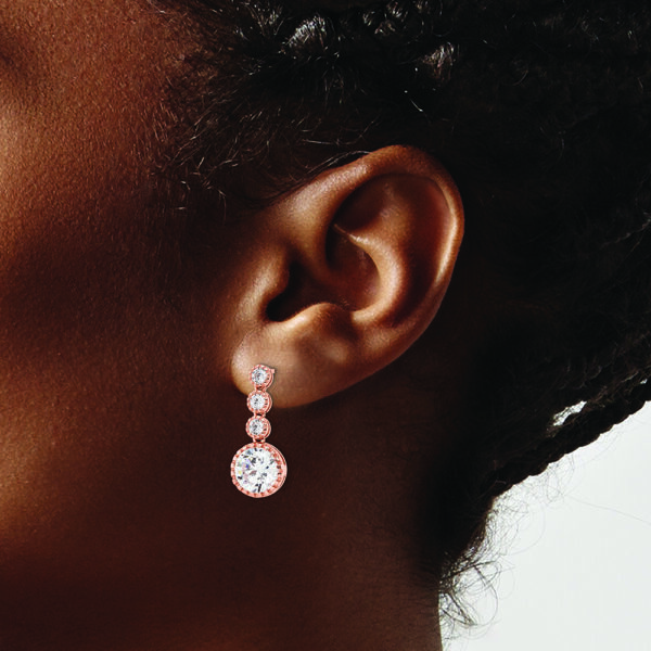 Sterling Silver Rose-tone Polished Round CZ Post Dangle Earrings - Image 3