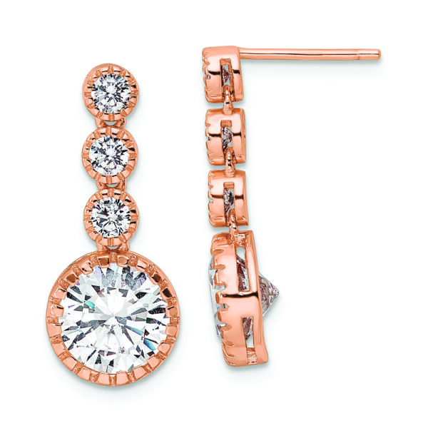 Sterling Silver Rose-tone Polished Round CZ Post Dangle Earrings