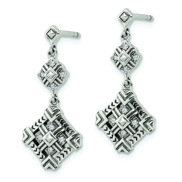 Sterling Silver Antiqued CZ Dangle Post Earrings - Image 2