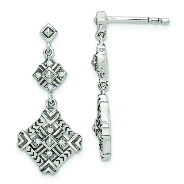 Sterling Silver Antiqued CZ Dangle Post Earrings