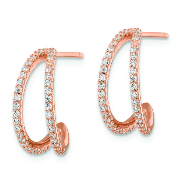 Sterling Silver Polished Rose-tone CZ Post Hoop Earrings - Image 2