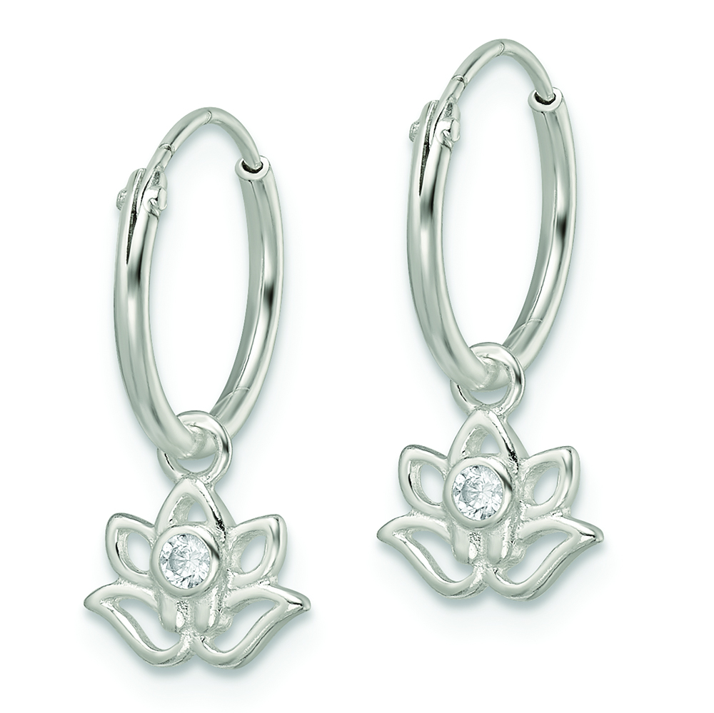 Sterling Silver Polished CZ Dangle Lotus Endless Hoop Earrings - Image 2