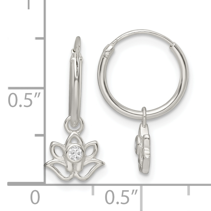 Sterling Silver Polished CZ Dangle Lotus Endless Hoop Earrings - Image 3