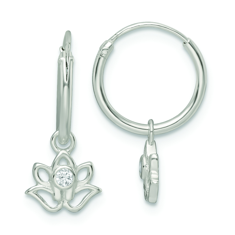 Sterling Silver Polished CZ Dangle Lotus Endless Hoop Earrings