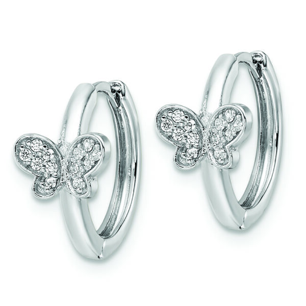 Sterling Silver Rhodium-plated Polished CZ Hinged Hoop Butterfly Earrings - Image 2
