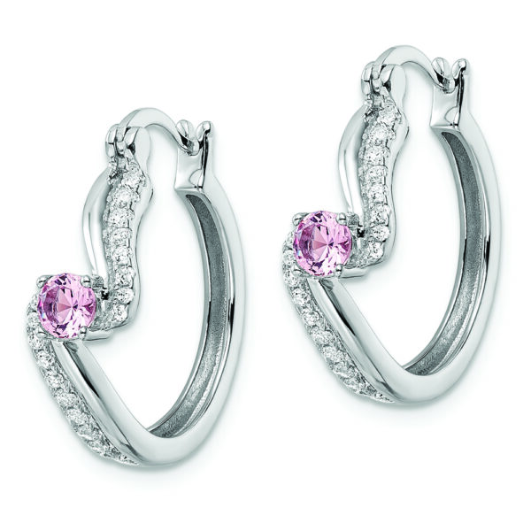 Sterling Silver Rhodium-plated Pink CZ Hoop Earrings - Image 2