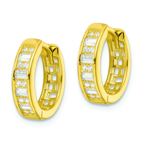 Sterling Silver Polished Gold-tone CZ Hinged Hoop Earrings - Image 2