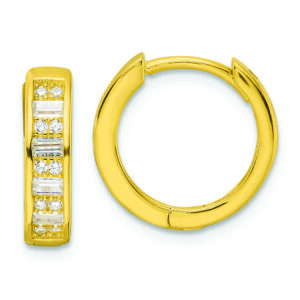 Sterling Silver Polished Gold-tone CZ Hinged Hoop Earrings