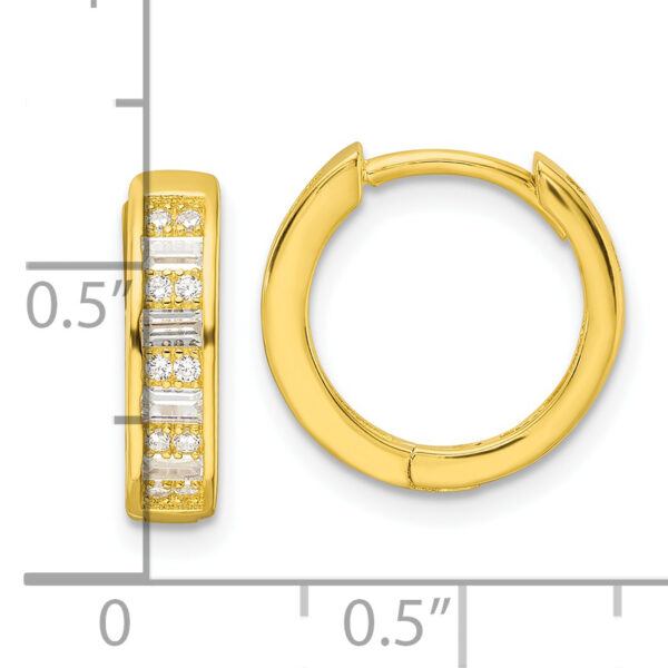 Sterling Silver Polished Gold-tone CZ Hinged Hoop Earrings - Image 3