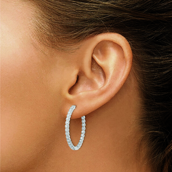 Sterling Silver Polished Rhodium-plated In & Out CZ Hinged Hoop Earrings - Image 3