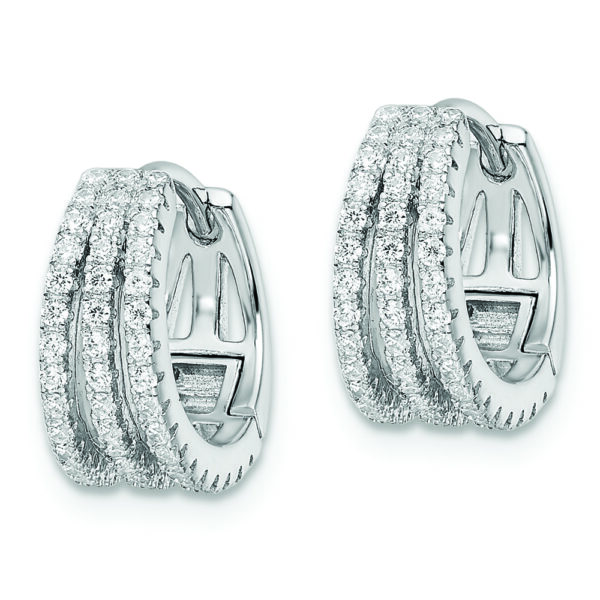 Sterling Silver Rhodium-plated Polished Triple Row CZ Hinged Hoop Earrings - Image 2