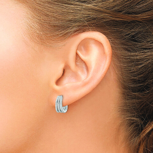 Sterling Silver Rhodium-plated Polished Triple Row CZ Hinged Hoop Earrings - Image 3