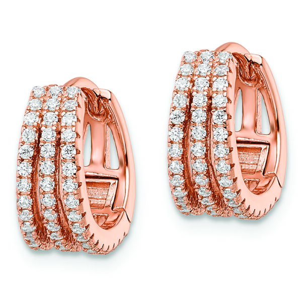 Sterling Silver Rose-tone Polished Triple Row CZ Hinged Hoop Earrings - Image 2