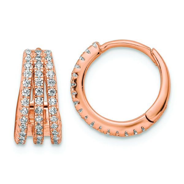 Sterling Silver Rose-tone Polished Triple Row CZ Hinged Hoop Earrings
