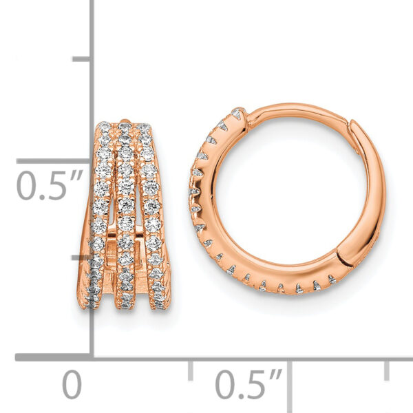Sterling Silver Rose-tone Polished Triple Row CZ Hinged Hoop Earrings - Image 3