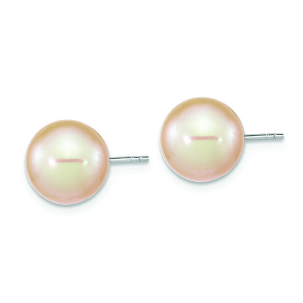 Sterling Silver Rhodium-plated 9-10mm Pink Round FWC Pearl Post Earrings - Image 2
