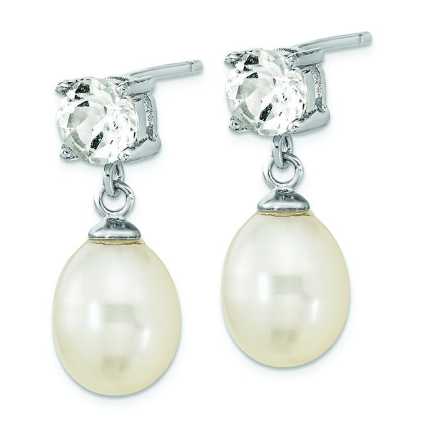 Sterling Silver Rh-pl W. Topaz 7-10mm Wht Teardrop FWC Pearl Earrings - Image 2