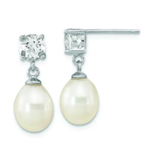 Sterling Silver Rh-pl W. Topaz 7-10mm Wht Teardrop FWC Pearl Earrings