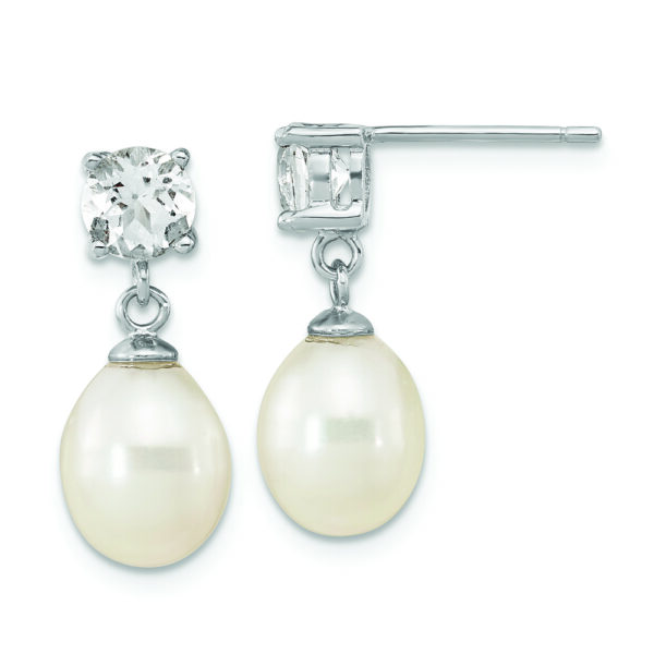 Sterling Silver Rh-pl W. Topaz 7-10mm Wht Teardrop FWC Pearl Earrings