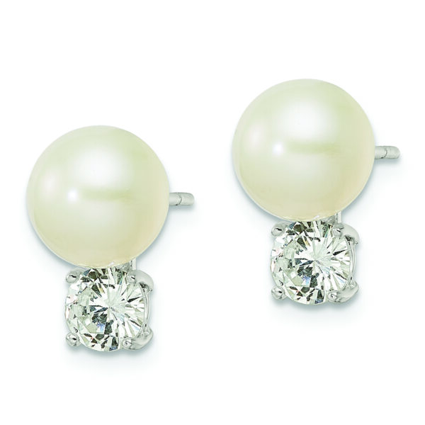 Sterling Silver CZ and 7-8mm Imitation Shell Pearl Post Earrings - Image 2