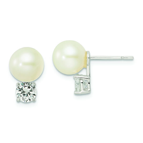 Sterling Silver CZ and 7-8mm Imitation Shell Pearl Post Earrings