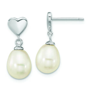 Sterling Silver Rho-plated 7x9mm White Teardrop FWC Pearl Dangle Earrings