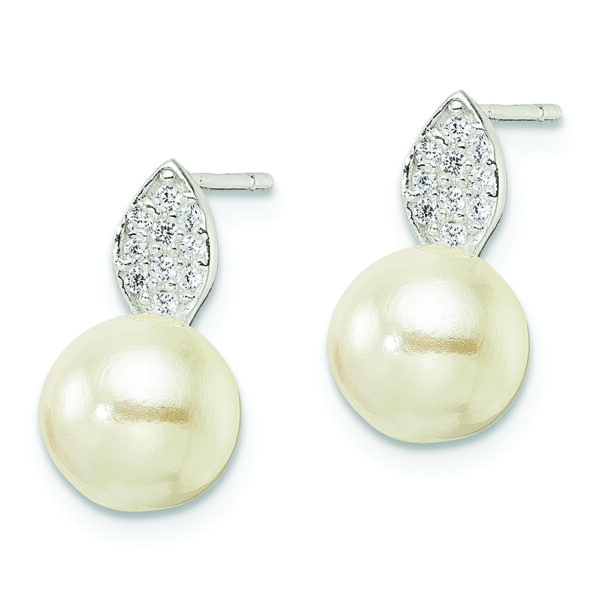 Sterling Silver CZ and 7-8mm Imitation Shell Pearl Post Earrings - Image 2