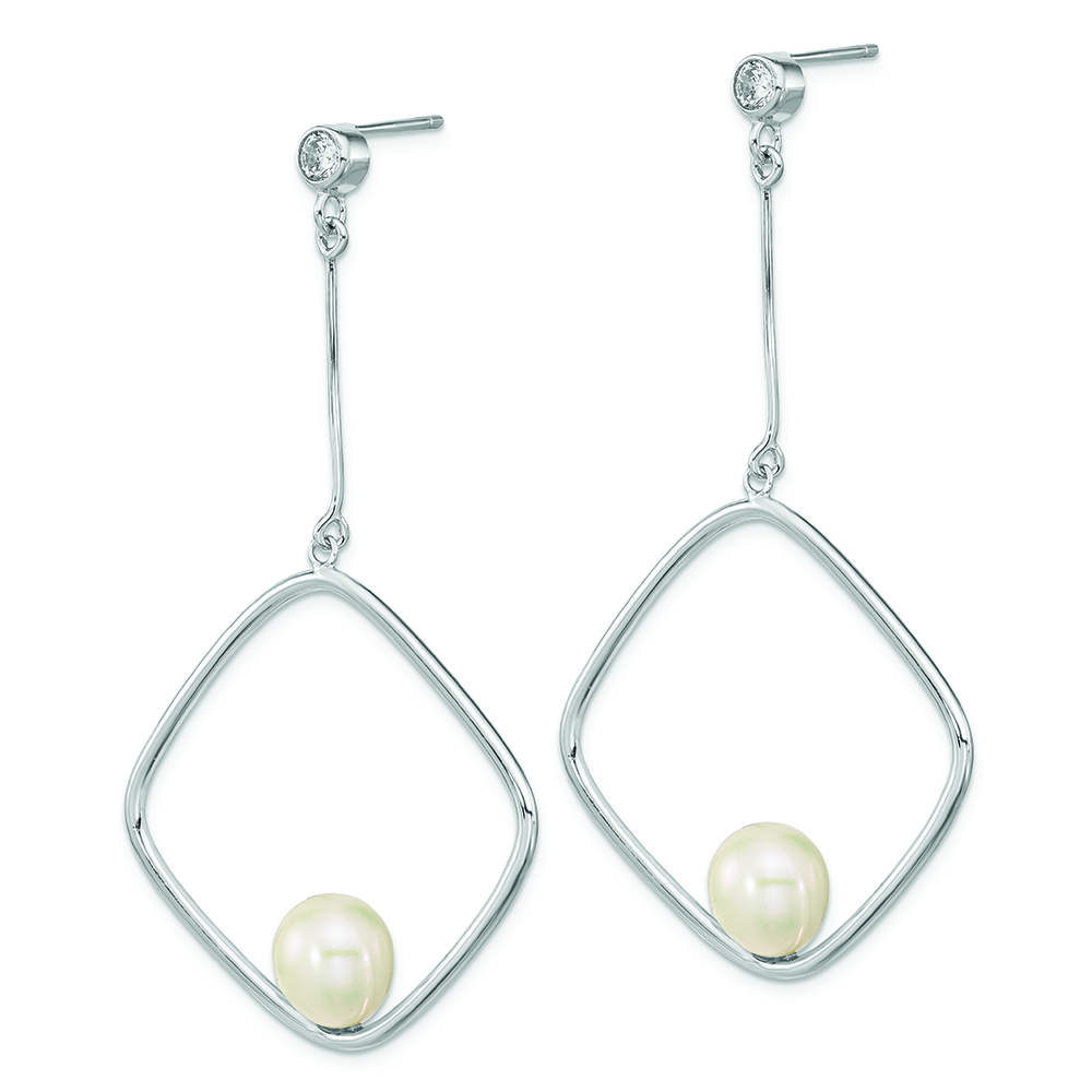 Sterling Silver Rhod-plated 7-8mm White Rice FWC Pearl CZ Dangle Earrings - Image 2