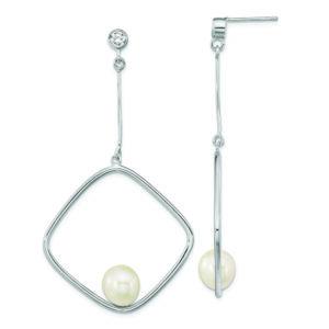 Sterling Silver Rhod-plated 7-8mm White Rice FWC Pearl CZ Dangle Earrings