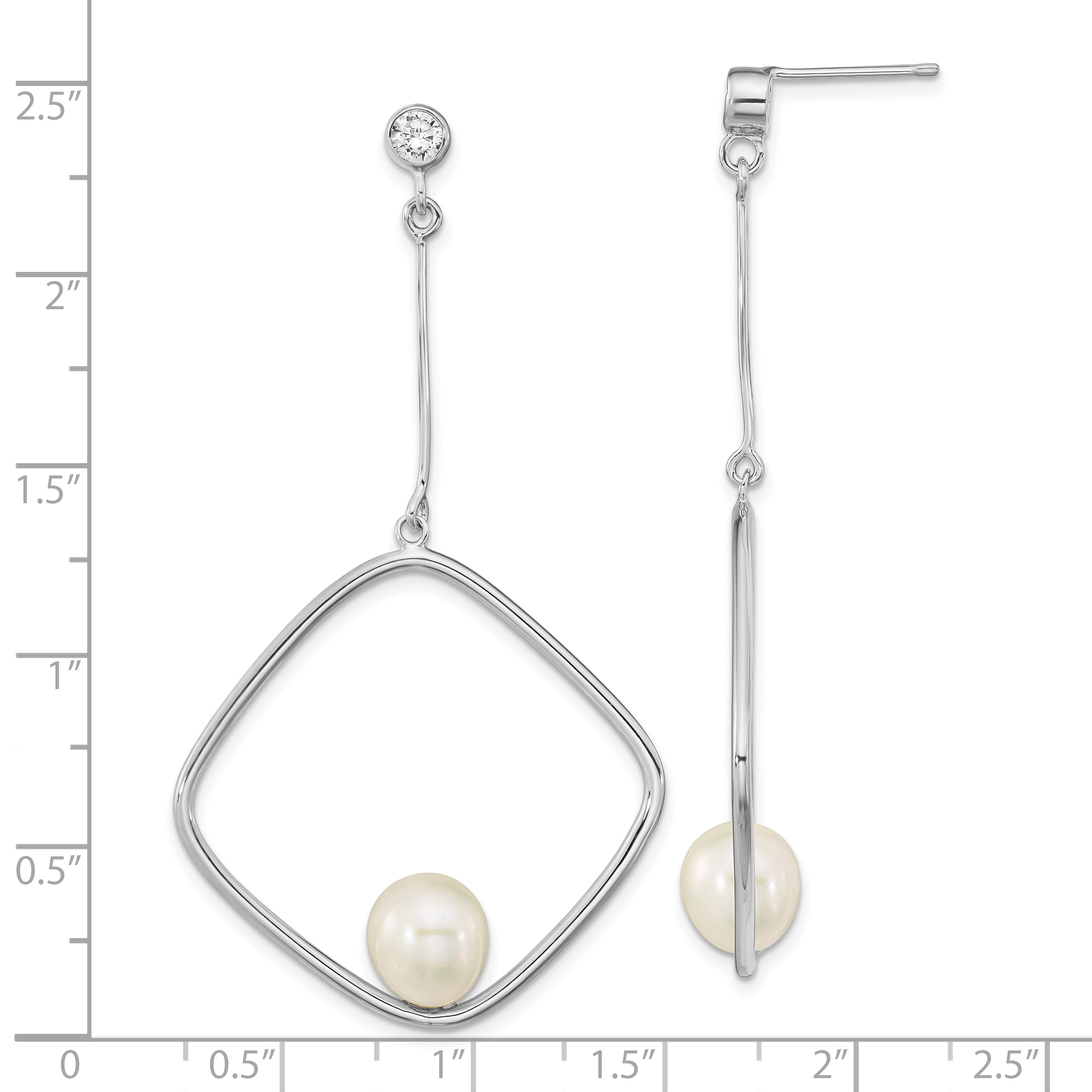 Sterling Silver Rhod-plated 7-8mm White Rice FWC Pearl CZ Dangle Earrings - Image 3