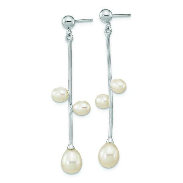 Sterling Silver Rhod-plated 4-7mm White Rice FWC Pearl Post Dangle Earrings - Image 2